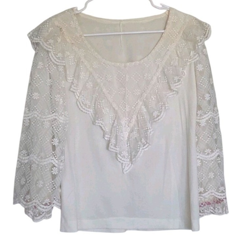 VTG 80s Victorian Lace Blouse‎ White Ruffle V-Yoke Boho Coquette Romantic Sz Med